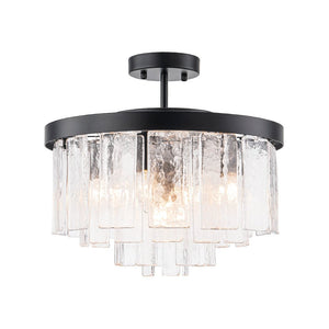 LightFixturesUSA - Tiered Hammered Water Glass Round Semi Flush Mount - Ceiling Light - Black - 