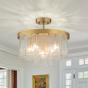 LightFixturesUSA - Tiered Hammered Water Glass Round Semi Flush Mount - Ceiling Light - Brass - 