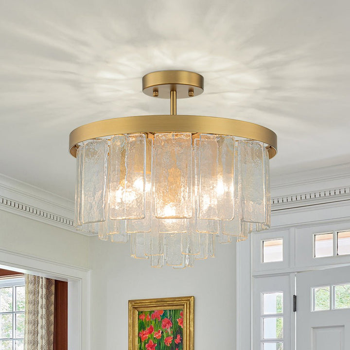 LightFixturesUSA - Tiered Hammered Water Glass Round Semi Flush Mount - Ceiling Light - Brass - 