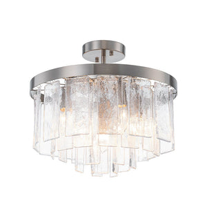 LightFixturesUSA - Tiered Hammered Water Glass Round Semi Flush Mount - Ceiling Light - Nickel - 
