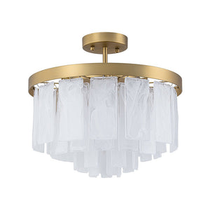 LightFixturesUSA - Tiered Opal Swirl Glass Round Semi Flush Mount Chandelier - Ceiling Light - Brass - 