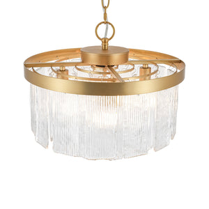 LightFixturesUSA-Tiered Water Ribbed Glass Round Semi Flush Chandelier-Ceiling Light-Brass-