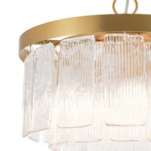 LightFixturesUSA-Tiered Water Ribbed Glass Round Semi Flush Chandelier-Ceiling Light-Brass-