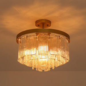 LightFixturesUSA-Tiered Water Ribbed Glass Round Semi Flush Chandelier-Ceiling Light-Brass-