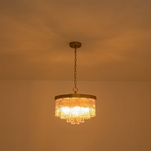 LightFixturesUSA-Tiered Water Ribbed Glass Round Semi Flush Chandelier-Ceiling Light-Brass-