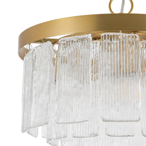 LightFixturesUSA-Tiered Water Ribbed Glass Round Semi Flush Chandelier-Ceiling Light-Brass-
