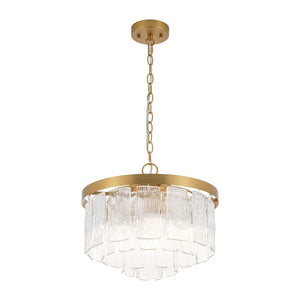 LightFixturesUSA-Tiered Water Ribbed Glass Round Semi Flush Chandelier-Ceiling Light-Brass-