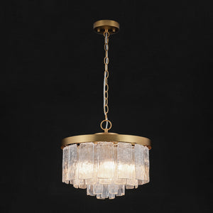 LightFixturesUSA-Tiered Water Ribbed Glass Round Semi Flush Chandelier-Ceiling Light-Brass-