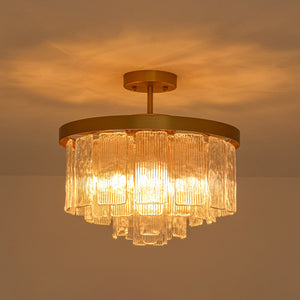 LightFixturesUSA-Tiered Water Ribbed Glass Round Semi Flush Chandelier-Ceiling Light-Brass-
