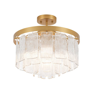 LightFixturesUSA-Tiered Water Ribbed Glass Round Semi Flush Chandelier-Ceiling Light-Brass-
