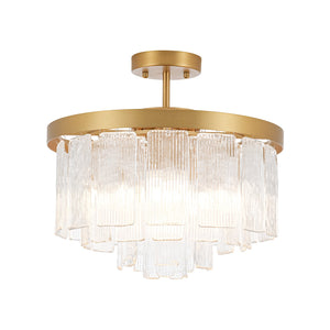 LightFixturesUSA-Tiered Water Ribbed Glass Round Semi Flush Chandelier-Ceiling Light-Brass-