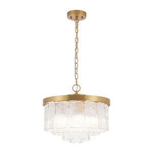 LightFixturesUSA-Tiered Water Ribbed Glass Round Semi Flush Chandelier-Ceiling Light-Brass-