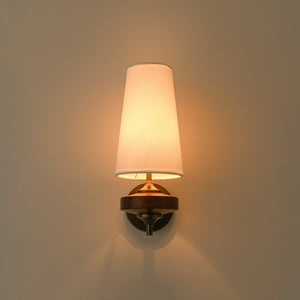 LightFixturesUSA-Vintage 1-Light Walnut Accented Fabric Conical Vanity Wall Sconce-Wall Sconce-1 Pack-