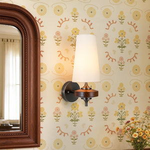 LightFixturesUSA-Vintage 1-Light Walnut Accented Fabric Conical Vanity Wall Sconce-Wall Sconce-1 Pack-