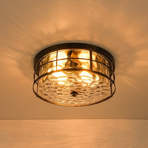 LightFixturesUSA - Vintage 2 - Light Hammered Glass Round Drum Flush Mount - Ceiling Light - 11 in - 