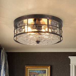 LightFixturesUSA - Vintage 2 - Light Hammered Glass Round Drum Flush Mount - Ceiling Light - 11 in - 