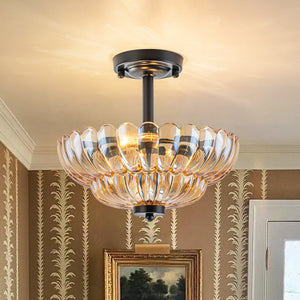 LightFixturesUSA-Vintage 2-Tier Amber Glass Scalloped Bloom Semi Flush Mount-Ceiling Light-Amber Glass-