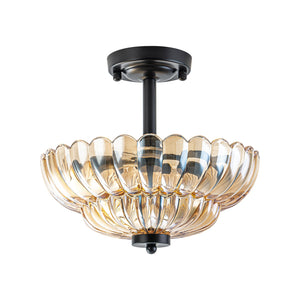 LightFixturesUSA-Vintage 2-Tier Amber Glass Scalloped Bloom Semi Flush Mount-Ceiling Light-Amber Glass-