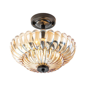 LightFixturesUSA-Vintage 2-Tier Amber Glass Scalloped Bloom Semi Flush Mount-Ceiling Light-Amber Glass-