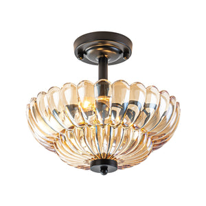 LightFixturesUSA-Vintage 2-Tier Amber Glass Scalloped Bloom Semi Flush Mount-Ceiling Light-Amber Glass-