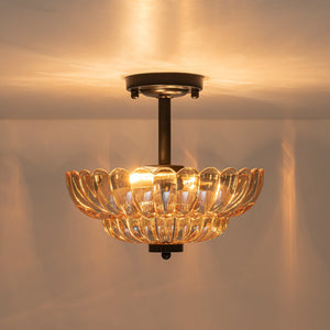 LightFixturesUSA-Vintage 2-Tier Amber Glass Scalloped Bloom Semi Flush Mount-Ceiling Light-Amber Glass-