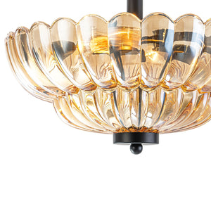 LightFixturesUSA-Vintage 2-Tier Amber Glass Scalloped Bloom Semi Flush Mount-Ceiling Light-Amber Glass-