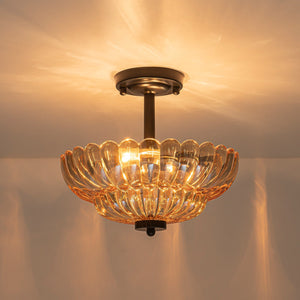 LightFixturesUSA-Vintage 2-Tier Amber Glass Scalloped Bloom Semi Flush Mount-Ceiling Light-Amber Glass-