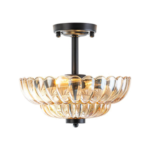 LightFixturesUSA-Vintage 2-Tier Amber Glass Scalloped Bloom Semi Flush Mount-Ceiling Light-Amber Glass-
