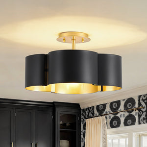 LightFixturesUSA - Vintage 4 - Light Iron Quatrefoil Shade Semi Flush Mount - Ceiling Light - Black+ Gold - 