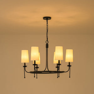 LightFixturesUSA-Vintage 6-Light White Linen Conical Round Ring Chandelier-Chandelier-Black-