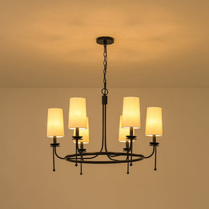 LightFixturesUSA-Vintage 6-Light White Linen Conical Round Ring Chandelier-Chandelier-Black-