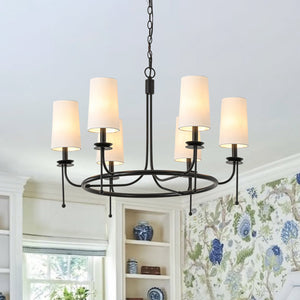 LightFixturesUSA-Vintage 6-Light White Linen Conical Round Ring Chandelier-Chandelier-Black-