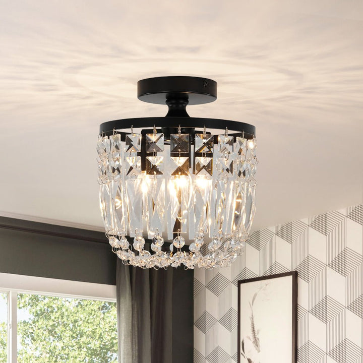 LightFixturesUSA - Vintage Black Draped Crystal Round Semi Flush Mount - Ceiling Light - Black - 
