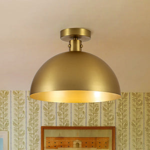 LightFixturesUSA-Vintage Brass 1-Light Iron Dome Flush Mount Light-Pendant Light-Brass-