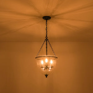 LightFixturesUSA-Vintage Clear Glass Wide Bell Jar Lantern Pendant / Semi Flush-Ceiling Light-Black-