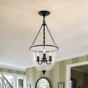 LightFixturesUSA-Vintage Clear Glass Wide Bell Jar Lantern Pendant / Semi Flush-Ceiling Light-Black-