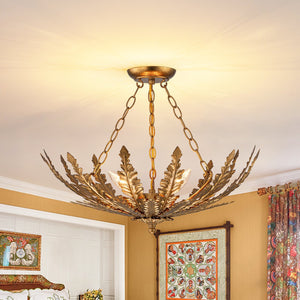 LightFixturesUSA-Vintage Distressed Gold Leaf Basket Semi Flush Mount-Ceiling Light-22.6 in-