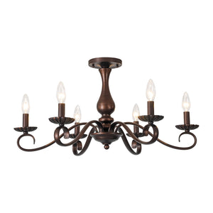 LightFixturesUSA-Vintage Heritage Bronze 6-Light Metal Candle Semi Flush Chandelier-Chandelier-22.6 in-