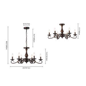 LightFixturesUSA-Vintage Heritage Bronze 6-Light Metal Candle Semi Flush Chandelier-Chandelier-22.6 in-