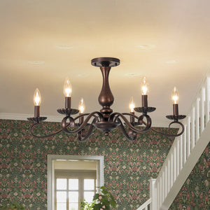 LightFixturesUSA-Vintage Heritage Bronze 6-Light Metal Candle Semi Flush Chandelier-Chandelier-22.6 in-