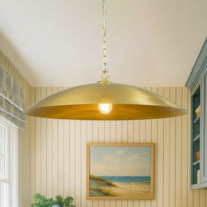 LightFixturesUSA - Vintage Oversized Flat Dome Metal Pendant Light - Chandelier - Brass - 1 - Lt