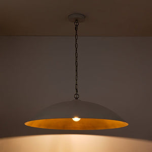 LightFixturesUSA - Vintage Oversized Flat Dome Metal Pendant Light - Chandelier - Matte White+Gold (Pre - Order) - 1 - Lt