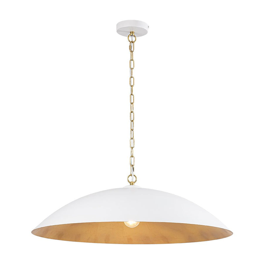 LightFixturesUSA - Vintage Oversized Flat Dome Metal Pendant Light - Chandelier - Matte White+Gold (Pre - Order) - 1 - Lt