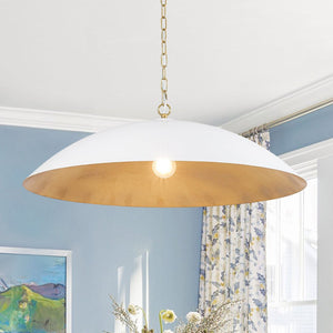 LightFixturesUSA - Vintage Oversized Flat Dome Metal Pendant Light - Chandelier - Rusty White+Gold - 1 - Lt