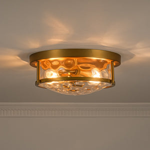 LightFixturesUSA-Water Hammered Glass Round Flush Mount Ceiling Light-Ceiling Light-Brass-