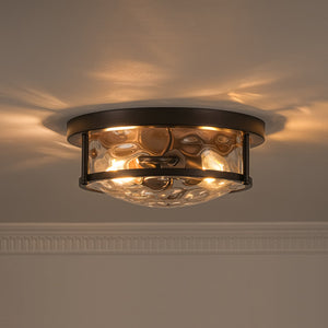 LightFixturesUSA-Water Hammered Glass Round Flush Mount Ceiling Light-Ceiling Light-Oil Rubbed Bronze-