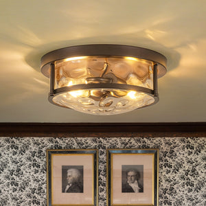 LightFixturesUSA-Water Hammered Glass Round Flush Mount Ceiling Light-Ceiling Light-Oil Rubbed Bronze-
