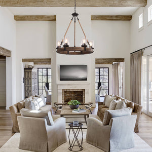 6-Light Wood Wagon Wheel Chandelier Modern Farmhouse