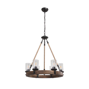 6-Light Wood Wagon Wheel Chandelier Modern Farmhouse