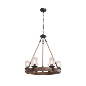 6-Light Wood Wagon Wheel Chandelier Modern Farmhouse